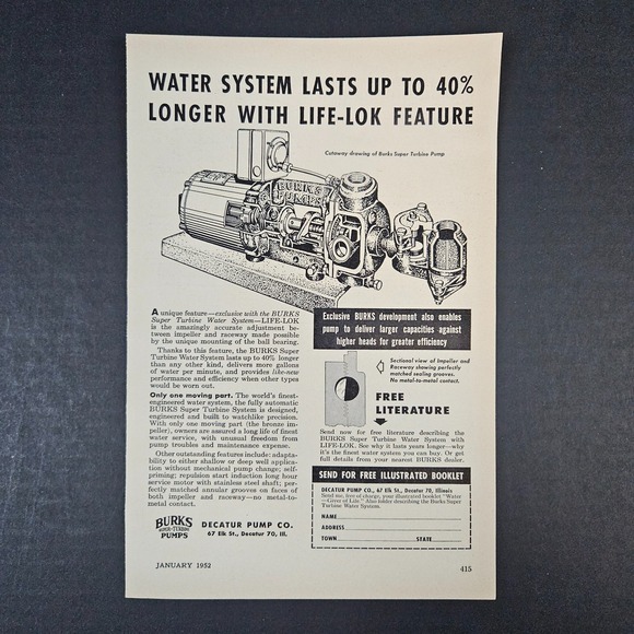 1952 Decatur IL Pump Co Burks Super-Turbine Vintage Print Ad Life-Lok Feature - Picture 1 of 6